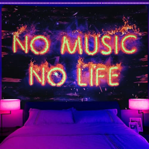 Invoibler Schwarzlicht-Wandteppich mit Musik, kein Leben, UV-reaktive Zitate, Neon-Texte, Worte, Wandteppich, ästhetischer Wandbehang für Schlafzimmer (150,1 x 210,1 cm)