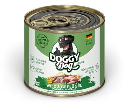 DOGGY Dog Paté Wild & Geflügel, 6 x 200 g, Nassfutter für Hunde, getreidefreies Hundefutter mit Lachsöl und Grünlippmuschel, Alleinfuttermittel mit Pastinake und Möhre, Made in Germany