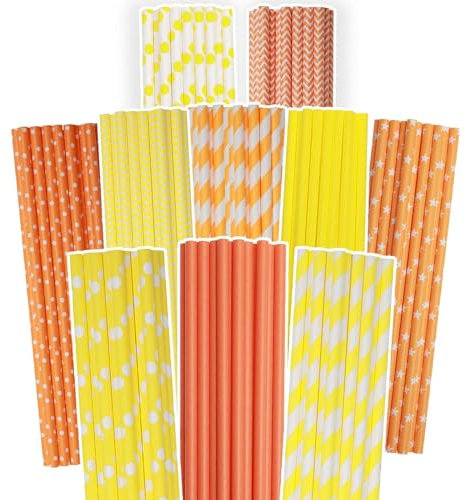 Gcardist Lot de 150 pailles jetables en papier jaune-orange à boire, jaunes et oranges, biodégradables, en vrac (10 motifs)