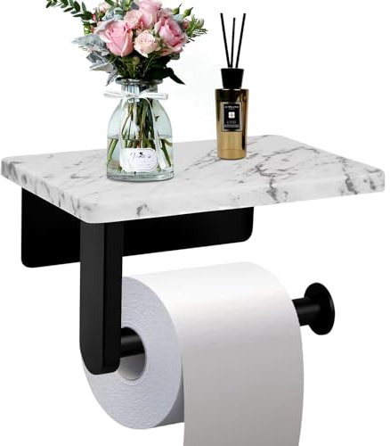 Toilettenpapierhalter mit Ablage aus natürlichem Marmor, für Badezimmer, Waschraum, Wandmontage, geeignet für Mega-Rollen (klein, 17 x 10,9 cm, Mattschwarz)