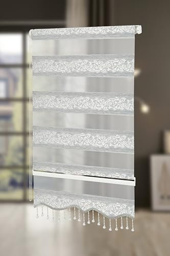PlisseeOnline Doppelrollo Klemmfix ohne Bohren Grau Silber mit Muster und Perlen Duo Rollo für Fenster und Türen Plissee Rollo Gardine 140 x 150 cm Blickdicht Klemmrollo mit Perlen Seitenzugrollo