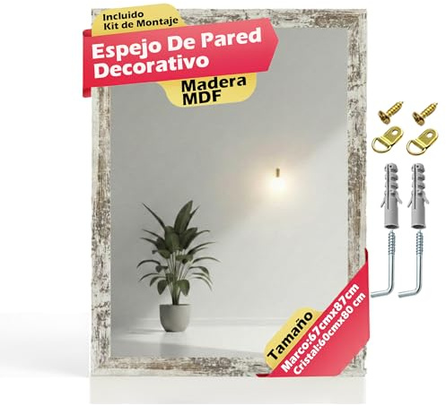 CHELY INTERMARKET MOD128 Espejo Pared Vertical Decorativo Grande Estilo Moderno Marco Madera Cuerpo Entero Elegante 60x80 cm Vintage Ideal Recibidor Dormitorio Baño Incluye Kit Montaje