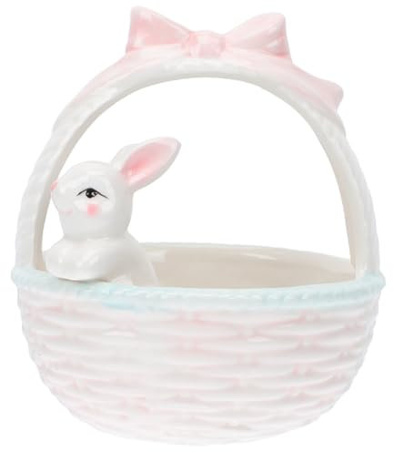 PRETYZOOM Keramik Ostern Hasen Tierfigur mit Hasenkorb Realistische Osterdekoration für Haushalt und Schreibtisch Rosa Farbton für Garten und Schulaktivitäten