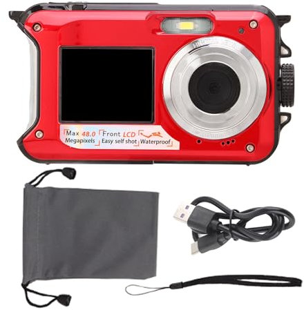 MENDUNER Underwater Digital Camera - Full HD 2.7K 48MP 10ft Waterproof 16X Digital Zoom Waterproof Digital Camera with Front Rear Dual Screens for Summer Outdoor (Red)