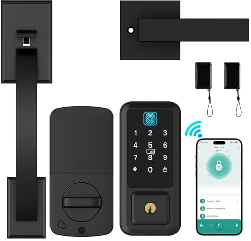 Hunnay WiFi Front Door Lock Set, Keyless Entry Door Lock Deadbolt with Handle Set, Smart Locks for Front Door, Keypad Door Lock, Digital Fingerprint Lock APP Control Bluetooth Alexa Auto Lock, Black