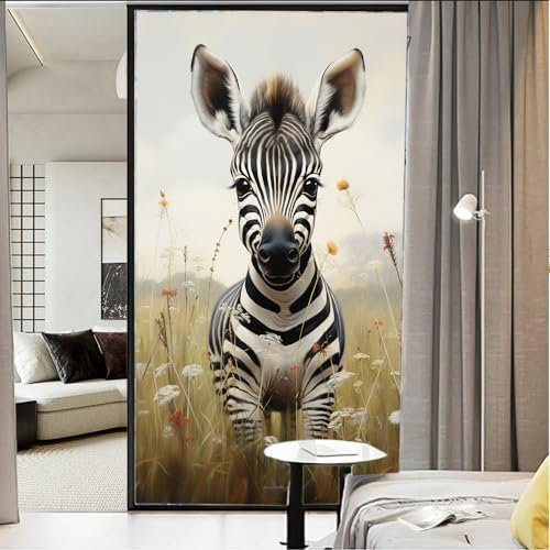 AEMYSKA Vintage Zebra Fensterfolie Dekorative Niedliche Tier Natur Gras Landschaft Buntglas Fensterfolie Sonnenblockierung Hitzekontrolle Kein Kleber Fenster Abdeckfolie für Home Office 45 * 60CM