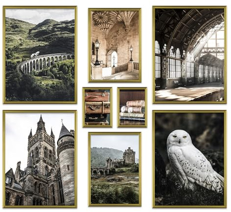 ARTFAVES® Poster Set - POTTERHEAD - mehrteilige Wanddeko Wohnzimmer & Schlafzimmer - 8 moderne Wandbilder Schottland, England, mystisch, Zug, Schneeeule - mit Rahmen Gold