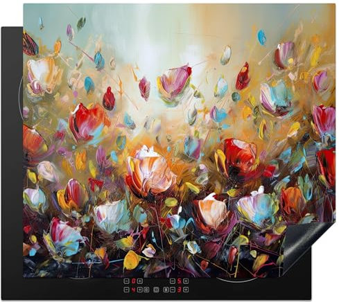 KitchenYeah© Herdabdeckplatte 60x52 cm Einteilig Herdabdeckung Abdeckplatte für Ceranfeld Abdeckung Induktionskochfeld Aufrollbare Matte Blumen - Kunst - Natur - Öl