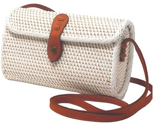 como sato Sac en rotin marron avec longues lanières en cuir tressé pour femme - Sac à bandoulière en paille - 21 cm, Blanc.