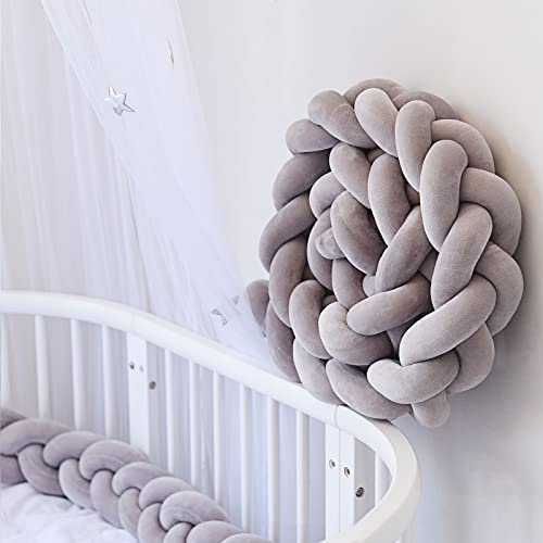 Homesally Bettschlange Geflochten 400cm, Seitenschläferkissen, Babybett Umrandungen, Kantenschutz Bettumrandung Knotenkissen, Seitenschläferkissen, Baumwolle Schlafkissen Kissen,Grau,1.5m