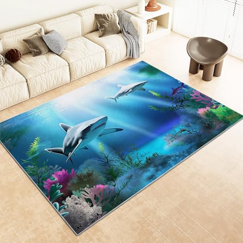Srigzcaly Teppich Kinderzimmer, Teppiche rutschfest Waschbar 120x180cm Meer Hai Unterwasserwelt Teppiche Flanell Kurzflor Schmücken - Blau Teppich für Schlafzimmer Eingangsmatte