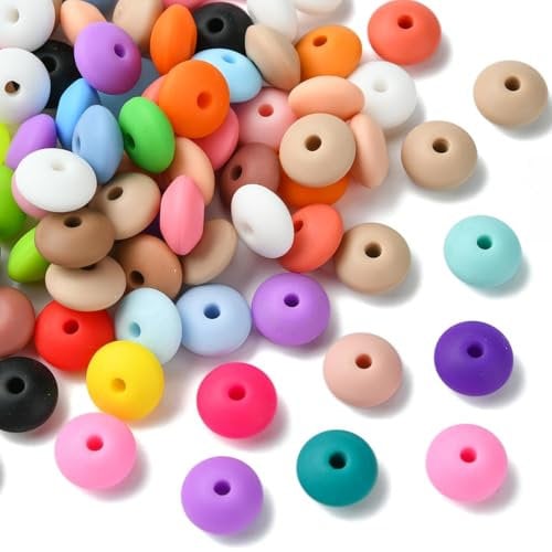 KitBeads 100Pcs Random 11.5mm Abacus Silicone Beads Pastel Colour Flat Round Rondelle Beads Focal Lentil Beads for Jewellery Making Keychain Crafts Bulk