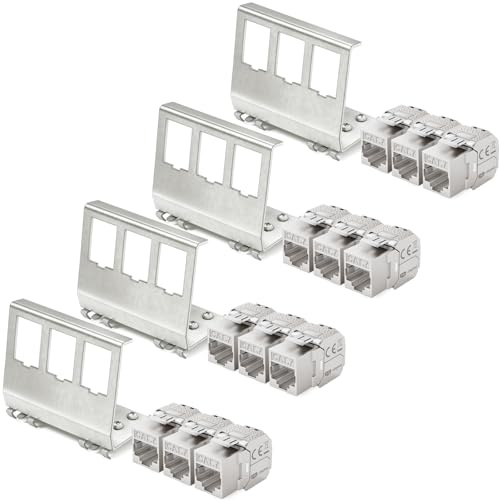 hb-digital Set: 12X CAT.7 Keystone RJ45 Modul + 4X Hutschienenadapter Metall Keystone-Halterung für Hutschiene 35mm Standard | RJ45-Jack geschirmt Edelstahl LSA Montage Ethernet LAN Netzwerk Switch