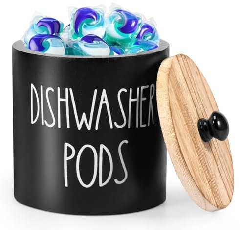 VAVPUP Dishwasher Pod Holder with Lid,Stylish DishwasherTablet Container Wide Opening Dishwasher Pod Storage Round Shape Dishwasher Pod Canister wood Dishwasher Pod Organizer for Home (Black)