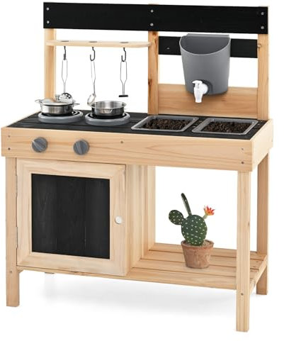 COSTWAY Matschküche Kinder Outdoor, Kinderküche Holz mit Wasserfunktion & Zubehör & Tafeln & 2 abnehmbaren Spülbecken, Spielküche Outdoor Küche für Kinder ab 2 Jahren