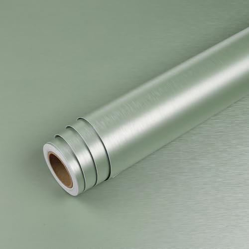 Livelynine Vinyl Wrap for Kitchen Cupboards Sage Green Brushed Metallic Effect 40CMx5M Oil Proof Sticky Back Plastic for Furniture Kitchen Table Top Fridge Freezer Light Green Stick on Wallpaper