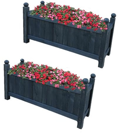 Vivo Technologies Set of 2 Large Wooden Garden Planter Outdoor Flowers Plant Pot Rectangular Garden Planters Planting Raise Bed Patio Decking, 60x20x34 cm, Grey