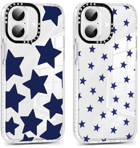 Foonary 2 Pack Transparent Blue Star Print Phone Case for iPhone 16 6.1,Soft Silicone with Fashion Design Aesthetics Clear Pattern Cases, Shockproof Bumper Protector Girls Women Cover