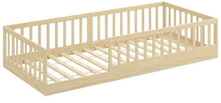 CADANI Timi 2in1 Bodenbett 90x200 cm Montessori Kinderbett mit abnehmbaren Rausfallschutz inkl. Lattenrost, Kiefer Massivholz, Natur - 3 Aufbauvarianten, bis 200 kg belastbar, umbaubar