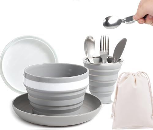 Camping Cutlery Set for 1 with Collapsible Camping Bowl, Plate, Cup & Travel Cutlery – Lightweight Portable Camping Kitchen Kit for Hiking, Backpacking & Outdoor Meals