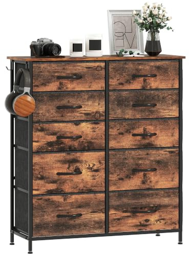 HOMCOM Chest of Drawers for Bedroom, 10 Fabric Drawers, Rustic Brown | Dresser, Tall Storage Unit, 4 Pockets, 2 Hooks, Steel Frame, Living Room, Hallway