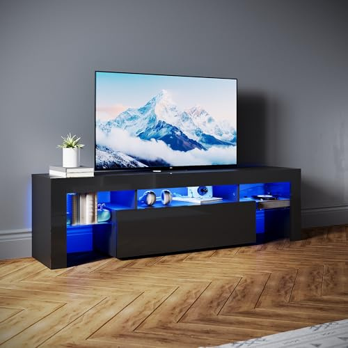 SONNI Mueble TV Negro LED 12 Colores, Mando, Estantes Cristal,160 cm | Iluminación LED regulable 12 colores con mando a distancia, amplios estantes de cristal, estructura robusta para salón