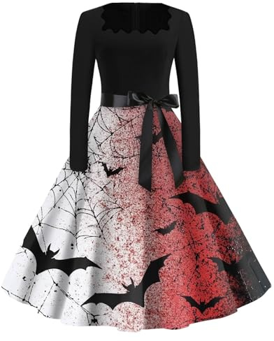 Kleid Halloween Damen Slim Fit Fledermaus Herbst Halloween Kostüm Damen Festliche Cartoon Spinne Hepburnkleid A-Linie Blutflecken Dress Sexy Mode 2# L