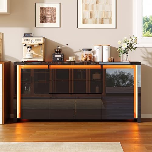 KSFASHZ LED Sideboard Hochglanz mit 4 Türen & 2 Schubladen, Moderne Anrichte TV-Konsolenschrank für Esszimmer,Wohnzimmer,Schwarz,160x35x75 cm