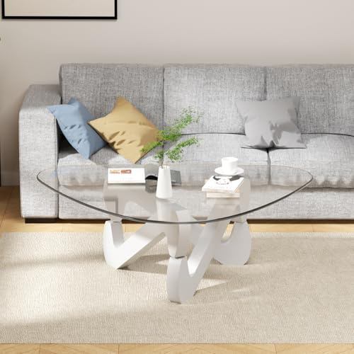 Mesa de centro de cristal triangular, mesa de centro moderna con base triangular de madera maciza y vidrio templado grueso, mesa auxiliar, mesa de café elegante para sala de estar oficina, 82 x 57 x