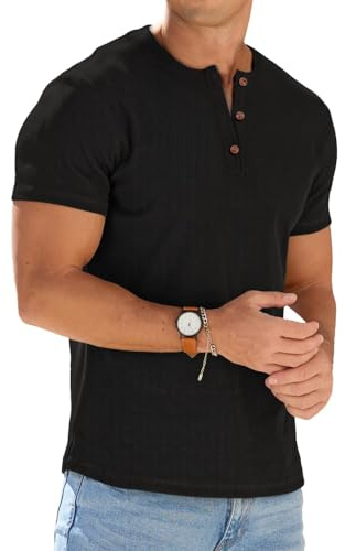 PrinStory Men's Henley T Shirts Summer Short Sleeve Tshirts Casual Grandad T Shirt Crew Neck Basic Tops