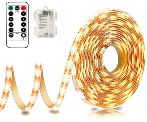 LED Strip Lights Battery Powered - 5M Battery Powered Light Strip with Remote, 8 Modes, Dimmable, Cuttable, Outdoor Indoor Waterproof Self-adhesive for Kitchen Bedroom Cabinet Bar Decor (Warm White)
