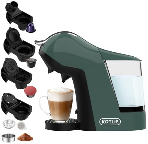 KOTLIE Machine à Café 5-en-1 Multi-Capsules, Moulu & ESE. Réservoir 1L,Vert | Compatible NES, DG, MIO, café moulu & dosettes ESE. Choisissez votre saveur avec 3 niveaux de température.