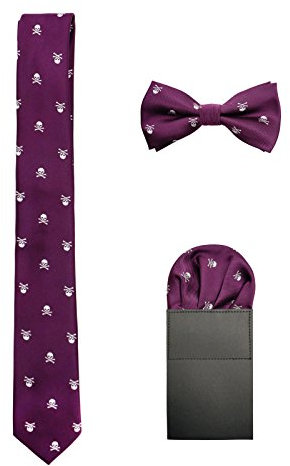 WANYING Hombre 6cm Corbata & Pajaritas & Pañuelo de Bolsillo 3 en 1 Set Moda Casual Cool - Calavera Patrón Morado