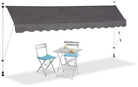 Relaxdays Klemmmarkise Balkon, Handkurbel, höhenverstellbar, UV-beständig, ohne Bohren, Polyester, 400 cm breit, grau