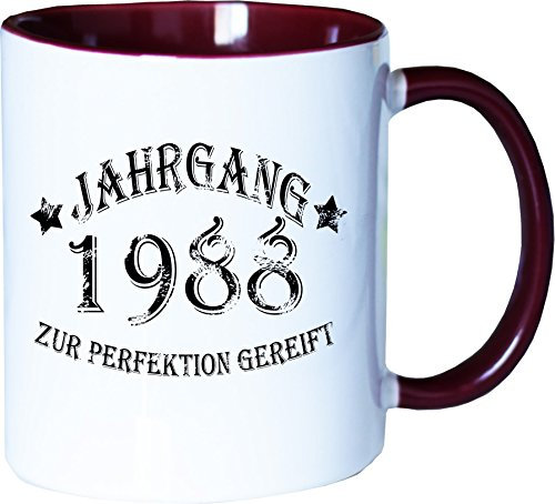 Mister Merchandise Becher Tasse Jahrgang 1988 zur Perfektion gereift Kaffee Kaffeetasse liebevoll Bedruckt Aged to Perfection Geburtsjahr Weiß-Bordeaux