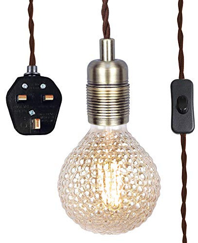 Antique Brass Pendant Light Fitting with Plug-in, Vintage Style Hanging Light KIT E27 Lamp Holder, 4500MM Braided Twisted Cable with On/of Switch-KIT04APG