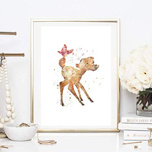 Din A4 Kunstdruck ohne Rahmen - Reh Hirsch Rehkitz Kinderzimmer Aquarell Wasserfarbe Vogel rosa Deko, Geschenk Druck Poster Bild