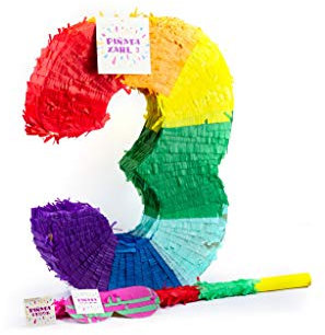 Trendario Zahl 3 Pinata Set, Pinjatta + Stab + Augenmaske, Ideal zum Befüllen mit Süßigkeiten und Geschenken - Piñata für Kindergeburtstag Spiel, Geschenkidee, Party, Hochzeit