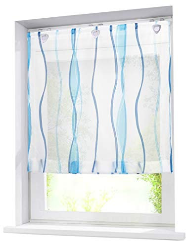 Voile Raffrollo mit Wellen Druck Design Rollos Schlaufen Transparent Vorhang (BxH 100x140cm, Blau mit U-Haken)