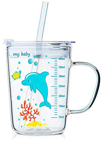Volwco Bicchieri con coperchio e cannuccia per bambini, coperchi regolari a prova di perdite, trasparenti con scala resistente al calore, tazza per latte carina per bambini