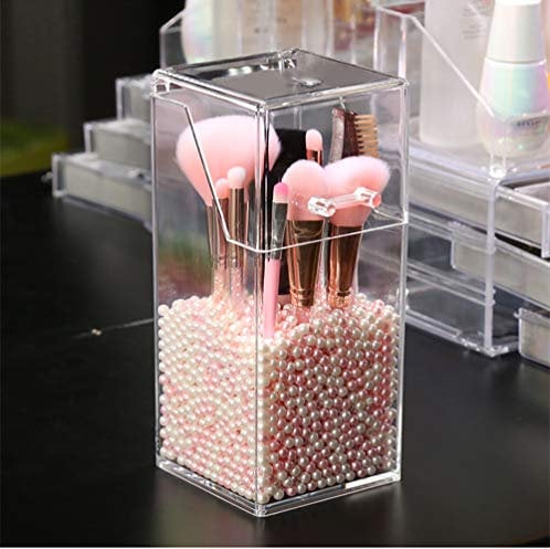 JMAHM Kosmetikorganiser Make up Pinselhalter Make up Organizer Premium Acryl Staubdicht mit Perlen 2800 Partikel (quadratisch, rosa weiß)