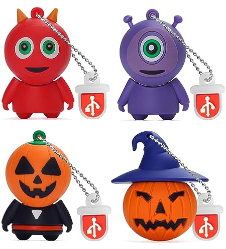 LEIZHAN Halloween USB Flash Drive 8GB, 4 Pack Novelty Monster Computer Memory Stick Cartoon Pumpkin Man USB Pendrive Memory Stick Data Storage Gift Pendrive U Disk