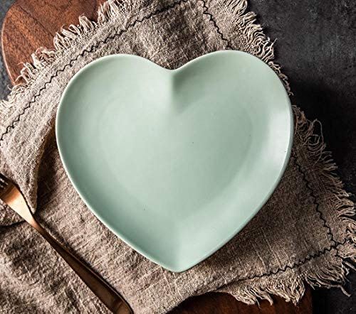 Plato en forma de corazón de 8 pulgadas / 10 pulgadas, desayuno de estilo nórdico, plato occidental, cerámica creativa-Verde menta mate_19 * 18 * 2,5 cm