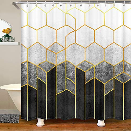 Grauer Marmor-Badevorhang 180x200 (BxL) Geometrischer Diamant-Duschvorhang Sechseckige Waben-Badezimmervorhänge für Bienenstock-Sechskant-Gittervorhang für Badewannen Metallic-Streifenvorhang