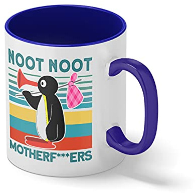 Noot Noot Funny Pingu Meme Motherf Classic Weiße Kaffeetasse Mug mit blauem Felgen und Griff
