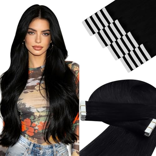 YoungSee 24In Tape in Hair Extensions Real Human Hair, Jet Black, Tape Extensions Human Hair, Long Hair, Tapes Extension for Black Women, 20pcs 50g