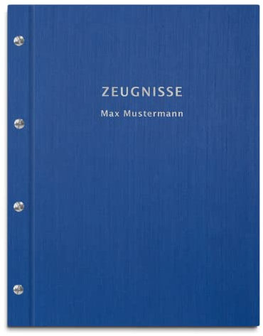Personalisierte Zeugnismappe in blauer Leinenoptik – 2-zeiliger Wunschtext als Prägung – 12 Hüllen für DIN-A4 Dokumente