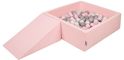 KiddyMoon Aire De Jeux en Mousse avec Carré Piscine À Balles (200 Balles) pour Enfants, Rose:Perle/Gris/Transparent/Rose Poudré