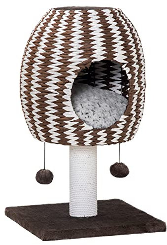 PawHut Árbol Rascador para Gatos Altura 67 cm Torre para Gatos con Cueva de Felpa Cojín Desmontable Bolas Colgantes y Poste 40x40x67 cm Café