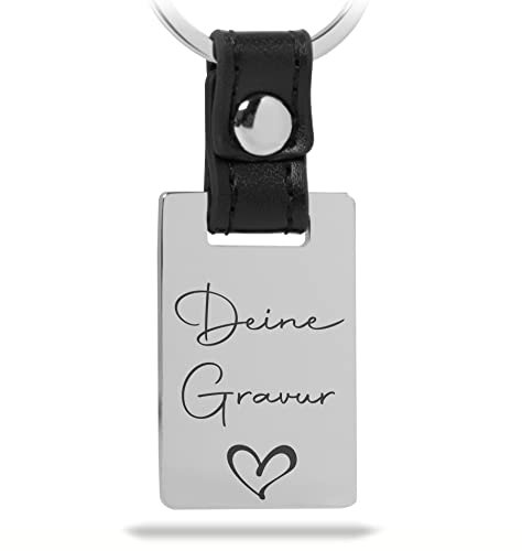 Mister Boncuk UNIQUE Schlüsselanhänger mit Gravur aus Edelstahl mit Echtleder - Personalisierbar mit Wunschgravur - Perfekt auch als Geschenkidee(Hochglanz - Schwarzgravur)